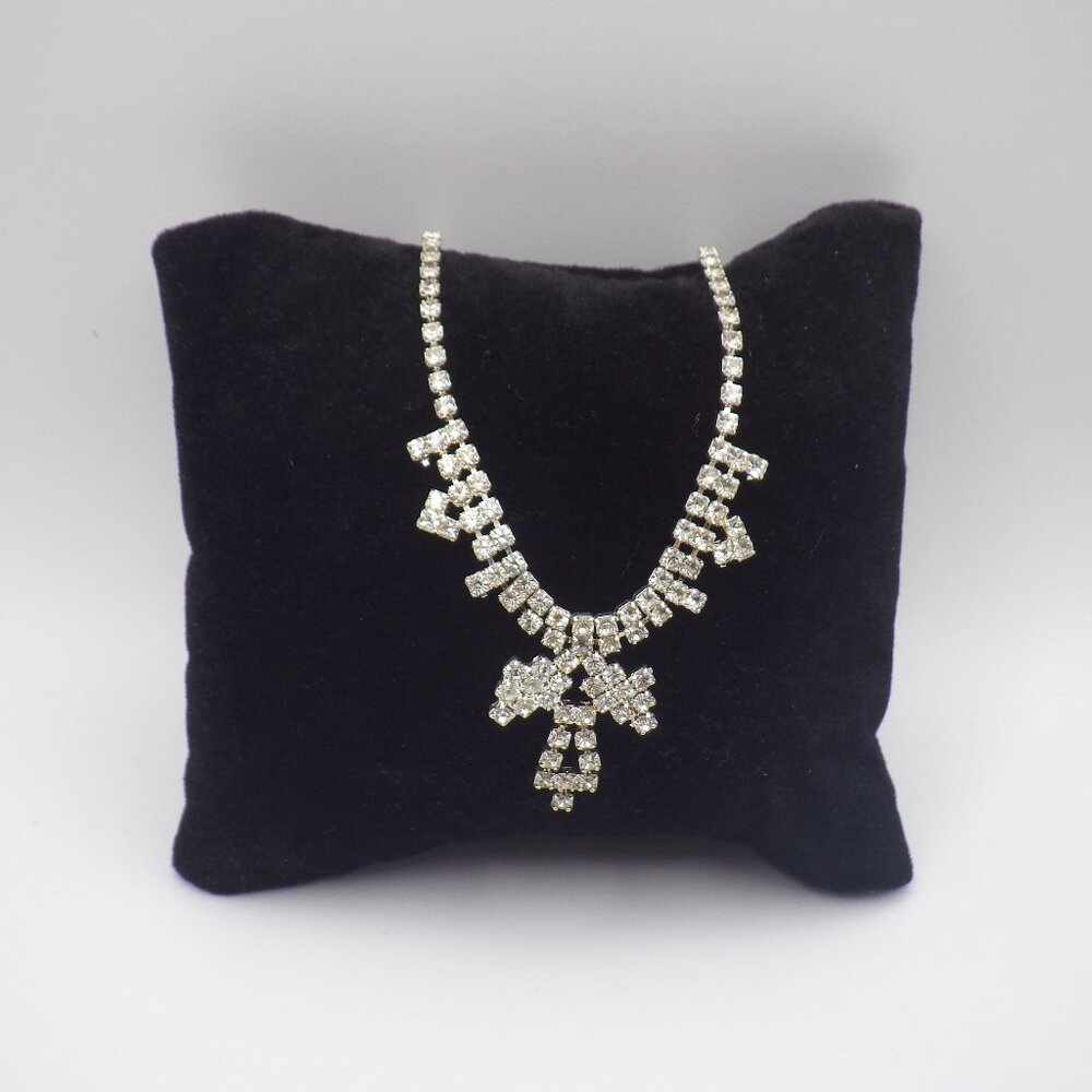 Silver Tone Bridal Y-Drop Necklace Delicate/Simple Rhinestone Bow 14"